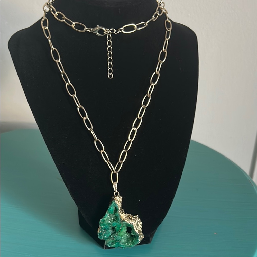 Dyed Green Quartz Geode Free Form Gold Trim Pendant On Paperclip Chain Necklace